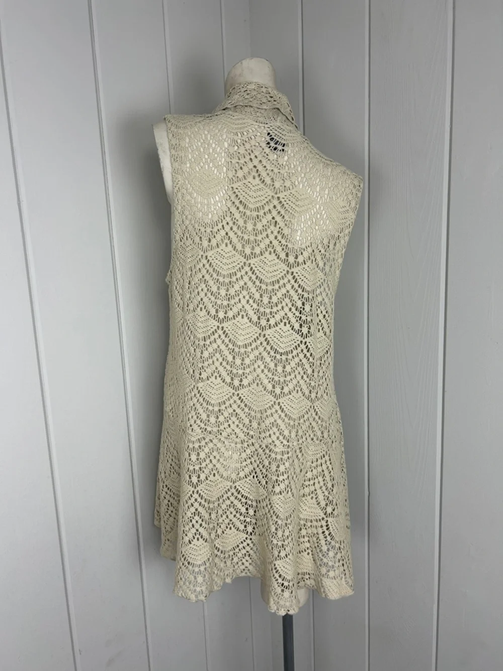 Katie Todd Boho Crochet Lace Open Front Vest Cardigan Large Ivory Festival